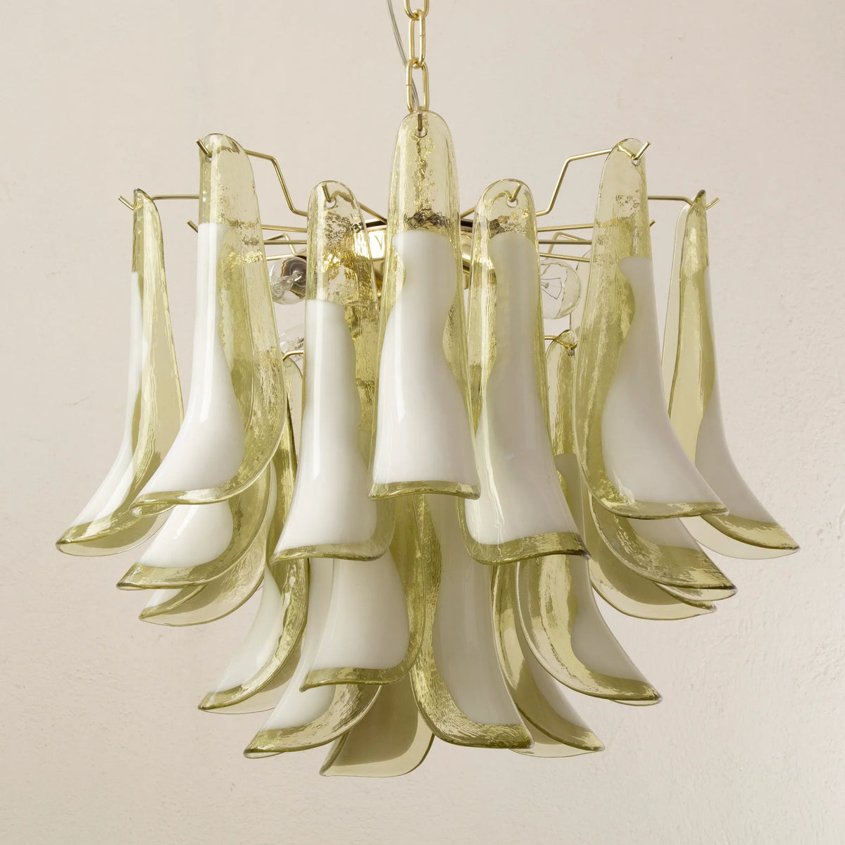 Unlit Petali Murano glass chandelier with white centres in curved glass petals