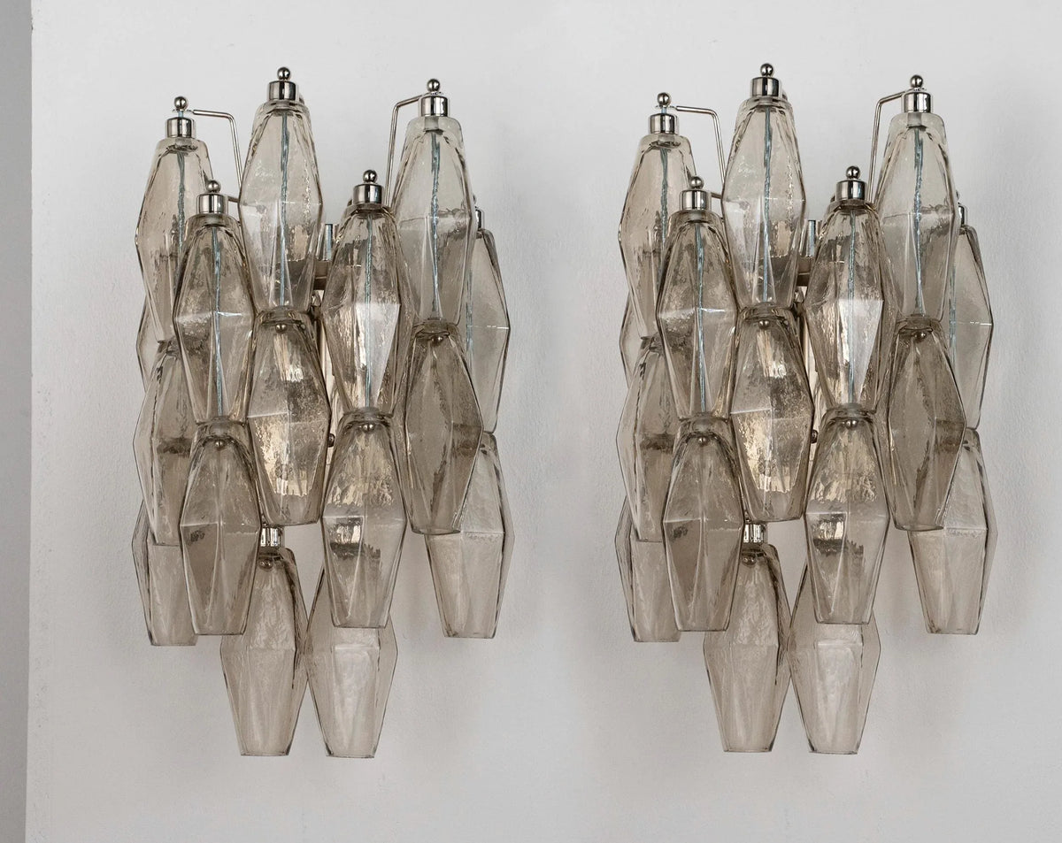 Pair of vintage smoky Poliedri Murano glass wall sconces side by side, unlit